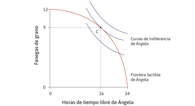 Lo mejor que puede hacer Ángela
: Lo mejor que puede hacer Ángela, dados los límites establecidos por la frontera factible, es trabajar 8 horas y tomarse 16 horas de tiempo libre y producir 9 fanegas de grano. En este punto C, la tasa marginal de sustitución (TMS) es igual a la tasa marginal de transformación (TMT).
