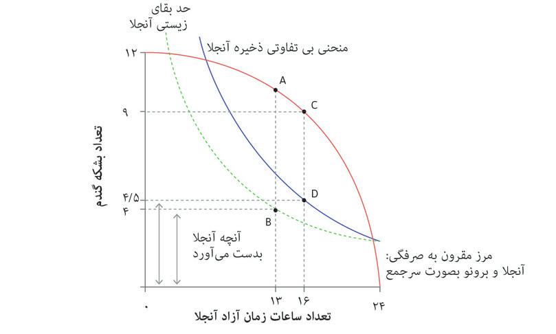 وقتی آنجلا می‌تواند نه بگوید
: با مبادله‌ی داوطلبانه، تخصیص B دیگر موضوعیت ندارد. بهترین کاری که برونو می‌تواند بکند تخصیص D است که براساس آن آنجلا ۸ ساعت کار می‌کند و غله‌ای برابر با CD به او می‌دهد.
