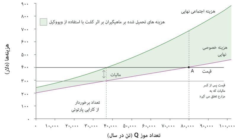 MSC-MPC= مالیات
: اگر دولت بر هر تُن موز تولیدی مالیاتی معادل۱۰۵ دلار وضع کند، یعنی برابر با هزینه بیرونی جانبی، آنوقت قیمت مابعد مالیاتی که مزارع دریافت داشته‌اند ۲۹۵ دلار خواهد بود.
