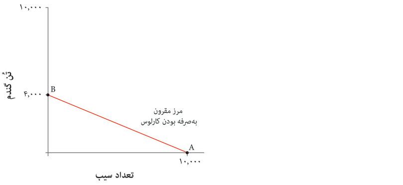 مرز‌ مقرون‌به‌صرفه‌گی‌ تولید
: خط قرمزی که نقاط A و B را به هم وصل می‌کند، مرز مقرون‌به‌صرفه‌گی‌ تولید برای کارلوس است. کلیه ترکیباتی از گندم و سیب که کارلوس در طول یک سال می‌تواند تولید کند را نشان می‌دهد.
