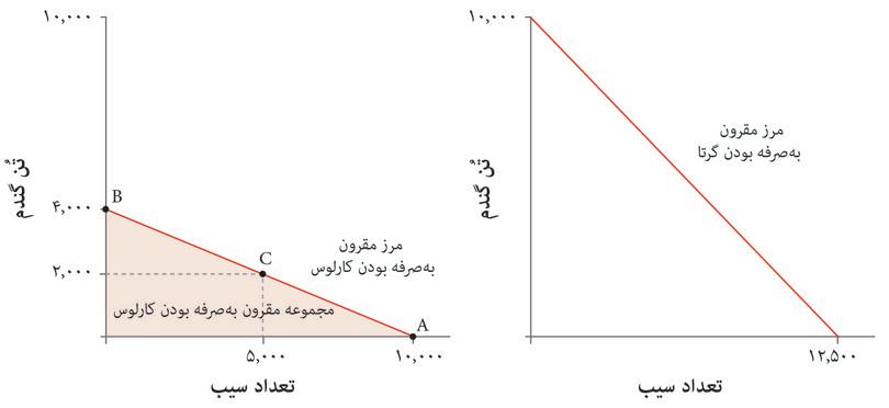 مرز‌ مقرون‌به‌صرفه‌گی‌ تولید برای گرتا
: این را در قاب سمت راست نشان داده‌ایم. گرتا می‌تواند مقدار بیشتری از هر دو محصول نسبت به کارلوس تولید کند. اگر او تنها یک کالای واحد تولید کند، آنگاه با ۱۰۰ هکتار زمین، می‌تواند یا ۱۲۵۰۰ سیب تولید کند و یا ۱۰۰۰۰ تن گندم.
