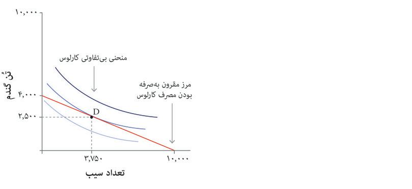 بالاترین منحنی‌ بی‌تفاوتی‌ای که کارلوس می‌تواند بدست بیاورد
: که همان منحنی‌ای خواهد بود که مماس بر مرز مقرون‌به‌صرفه‌گی‌ مصرف اوست. انتخاب او این خواهد بود که در هر سال ۲۵۰۰ تن گندم و ۳۷۵۰ سیب مصرف کند که با نقطه D نشان داده شده.
