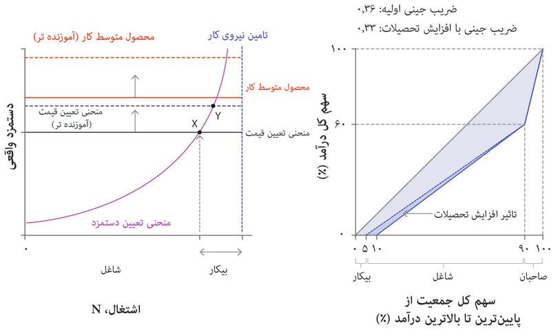 تأثیر یک نیروی کار تحصیل‌کرده‌تر بر نابرابری میان کارفرمایان، کارگران و بیکاران: بازار نیروی کار در سطح کل اقتصاد و منحنی لورنز
