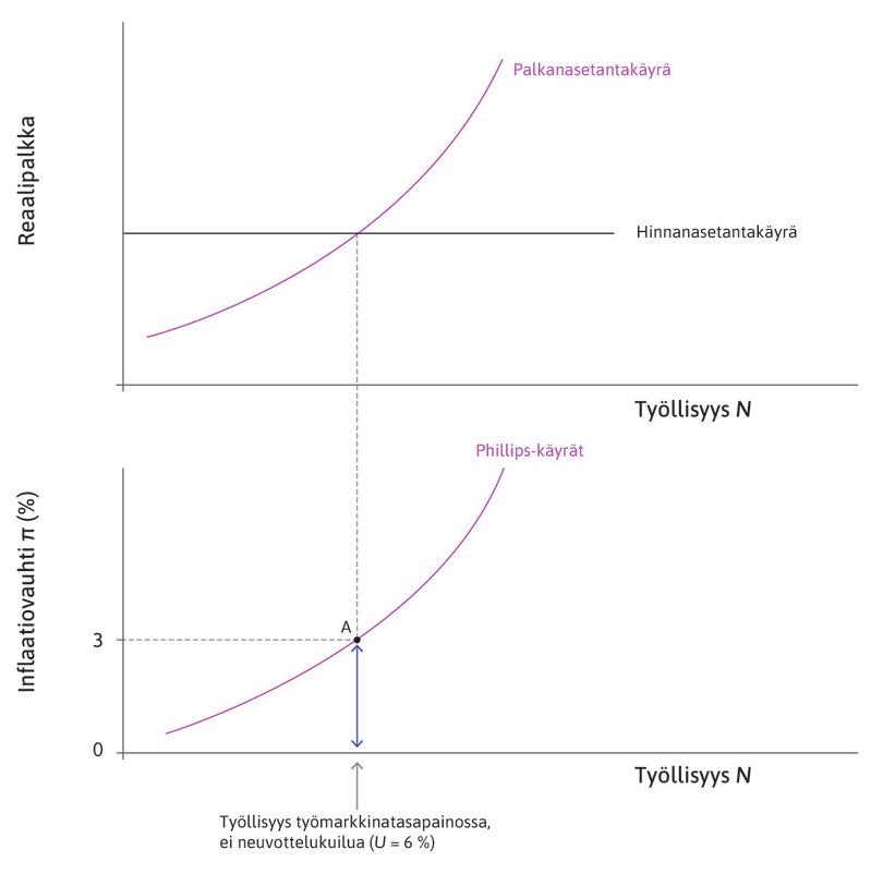 Työmarkkinatasapaino pisteessä A
: Inflaatio on odotusten mukaisesti kolme prosenttia.
