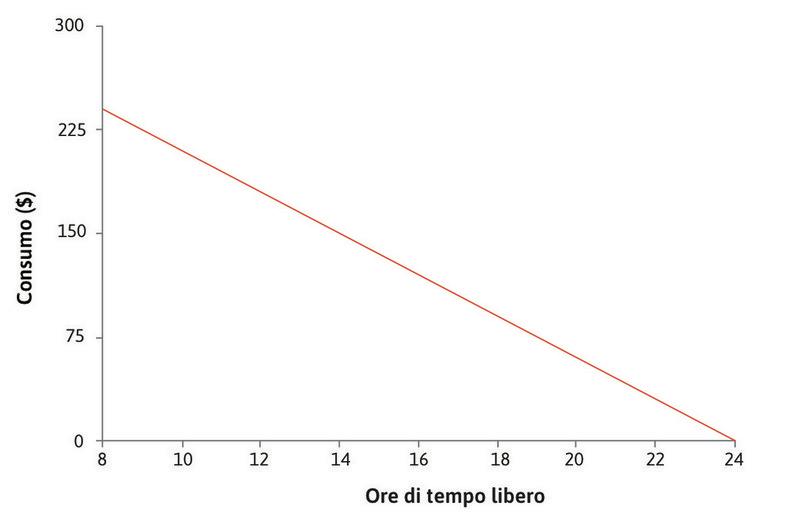 Il vincolo di bilancio
: La retta continua è il vincolo di bilancio: mostra la massima quantità di consumo che è possibile avere per ogni livello di tempo libero.
