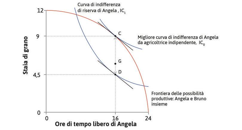 Le preferenze di Angela
: Abbiamo assunto (ipotesi di preferenze quasi-lineari) che il SMS di Angela non cambiasse all’aumentare del suo consumo di grano. Dunque, in ogni punto lungo CD, come G, c’è una curva di indifferenza con la stessa pendenza, e in tutti questi punti SMS = SMT.
