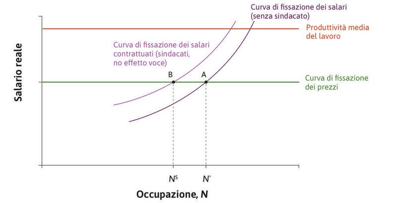 : La curva della fissazione del salario in presenza di contrattazione sindacale ma senza effetto voce.