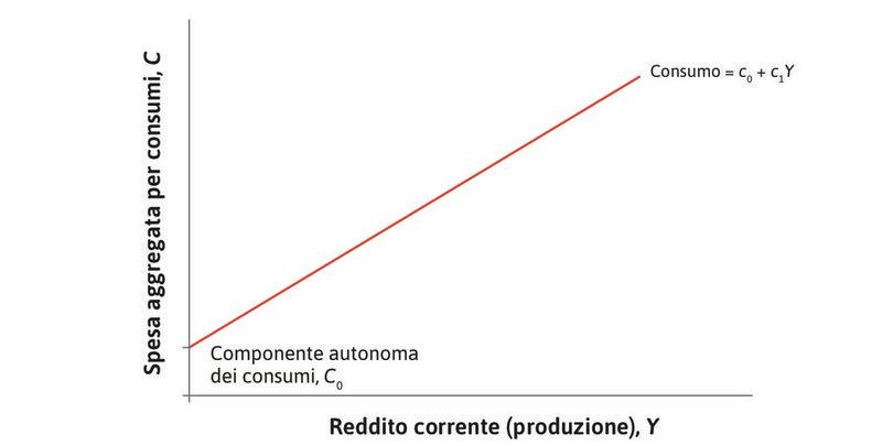Il consumo che dipende dal reddito
: La retta crescente indica la parte dei consumi che dipende dal reddito  (e di conseguenza dal prodotto) corrente.

